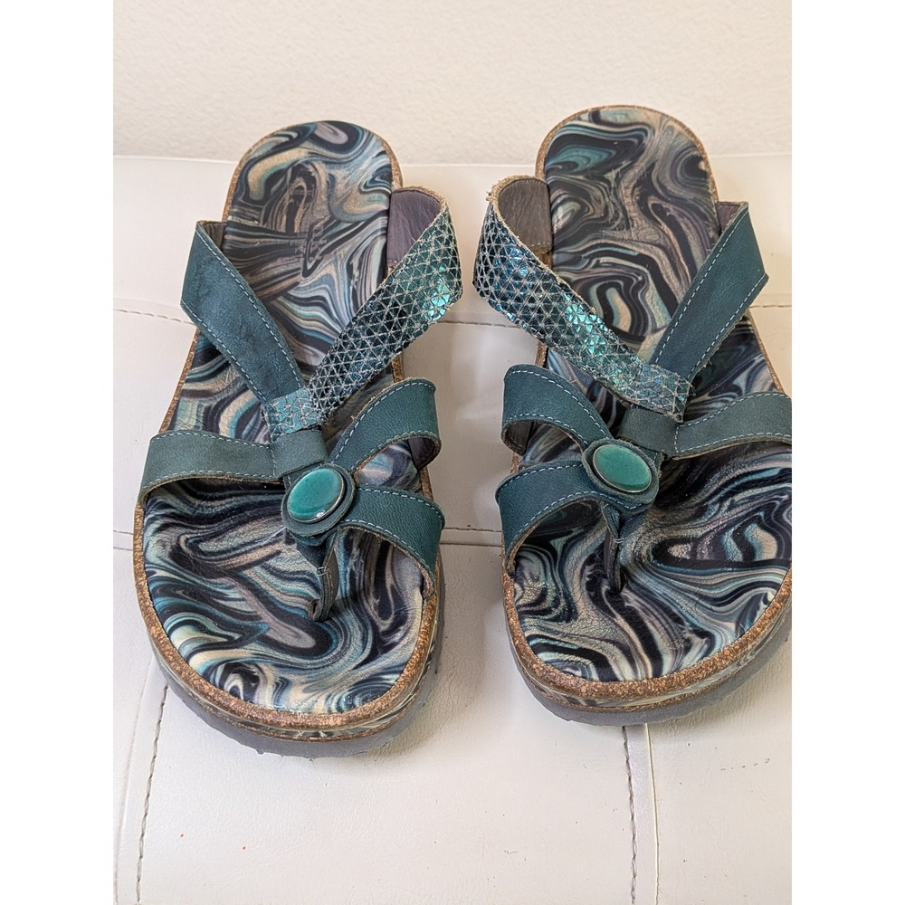 Naot Women Teal Blue Marble Swirl Leather Thong Sandals Cork Footbed Teal Stone